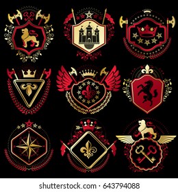 Set of vector retro vintage insignias created with design elements like medieval castles, armory, wild animals, imperial crowns. Collection of coat of arms.