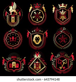 Set of vector retro vintage insignias created with design elements like medieval castles, armory, wild animals, imperial crowns. Collection of coat of arms.