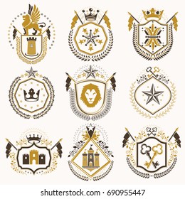 Set of vector retro vintage insignias created with design elements like medieval castles, armory, wild animals, imperial crowns. Collection of coat of arms.