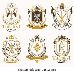 Set of vector retro vintage insignias created with design elements like medieval castles, armory, wild animals, imperial crowns. Collection of coat of arms.