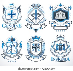 Set of vector retro vintage insignias created with design elements like medieval castles, armory, wild animals, imperial crowns. Collection of coat of arms.