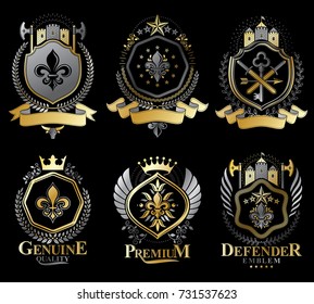 Set of vector retro vintage insignias created with design elements like medieval castles, armory, wild animals, imperial crowns. Collection of coat of arms.