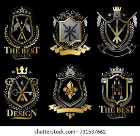 Set of vector retro vintage insignias created with design elements like medieval castles, armory, wild animals, imperial crowns. Collection of coat of arms.