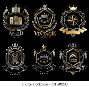 Set of vector retro vintage insignias created with design elements like medieval castles, armory, wild animals, imperial crowns. Collection of coat of arms.