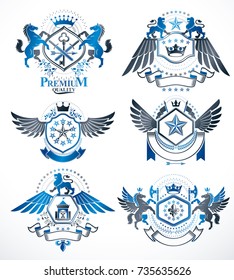 Set of vector retro vintage insignias created with design elements like medieval castles, armory, wild animals, imperial crowns. Collection of coat of arms.