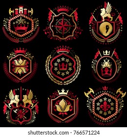 Set of vector retro vintage insignias created with design elements like medieval castles, armory, wild animals, imperial crowns. Collection of coat of arms.