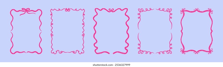 Set of vector ribbon frames of pink color. Hand drawn wavy border frames in coquette style. Whimsical frames for invitations and greeting cards.