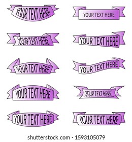 Set of vector ribbons banners. 10 different shapes banners. Lilac elements. Designer flat ribbons with place for text. Stripes tapes isolated. Idea for decoration, business, logo, postcard, web, site.