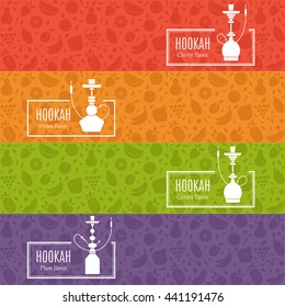 Set of vector ribbons with pattern and hookah logo design. Fruit in flat style. Perfect for tobacco packaging design. Vector background.