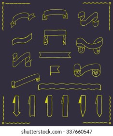Set of vector ribbons and tags with copy space. Hand drawn, pen and ink. Design element for flyer, banner, advertisement, promotion