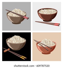 Set of vector rice bowls with chopsticks. Vector illustration