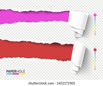 Set Of Vector Rip Edge Banner Concepts With Tear Paper Curled Pieces Isolated For Scrapbooking Or Ad. Empty Realistic Torn Paper Scrolls And Holes On Transparent Background For Sale Poster.