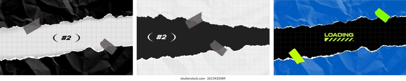 Set of vector ripped paper collage with torn edges, crumpled black texture, grid background, and duct tape elements. Perfect for posters, social media, vintage designs, and creative layouts.
