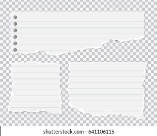 Set of vector ripped pieces of lined paper isolated on transparent background