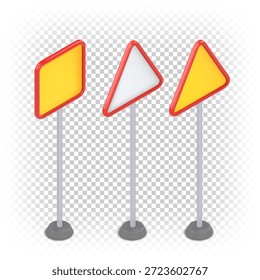 Um conjunto de sinais de estrada vetoriais em um suporte em projeção isométrica. Formas triangulares e quadradas em fundos brancos e amarelos.