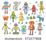 Set of vector robots in cartoon style. Isolated vector robots in a white background