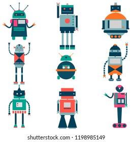 Set of vector robots in cartoon style. Isolated vector robots in a white background