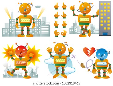Set of vector robots in cartoon style. Isolated vector robots in a white background