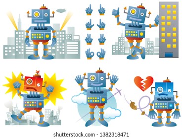 Set of vector robots in cartoon style. Isolated vector robots in a white background