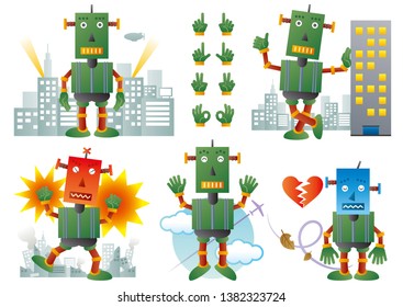 Set of vector robots in cartoon style. Isolated vector robots in a white background