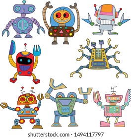 Set of vector robots in cartoon style. Isolated vector robots in a white background