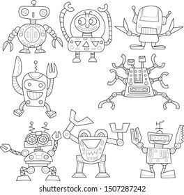 Set of vector robots in cartoon style. Isolated vector robots in a white background
