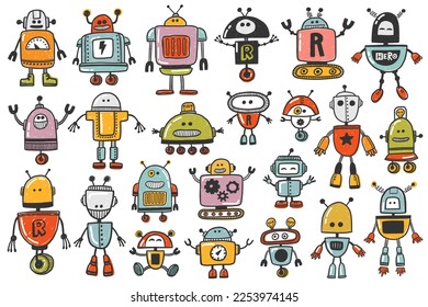 Set of vector robots in cartoon style. Hand drawn isolated vector robots in a white background. Cute retro toy robot mascot collection.