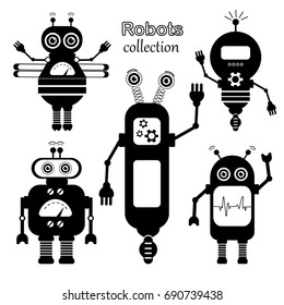 Set of vector robots in cartoon style. Isolated vector robots in a white background. Blac and White Design.