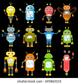 Set of vector robots in cartoon style. Isolated vector robots in black background