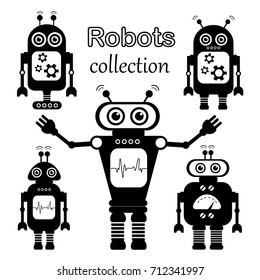 Set of vector robots in cartoon style. Isolated vector robots in a white background. Blac and White Design.