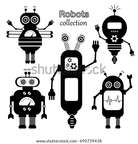 Set of vector robots in cartoon style. Isolated vector robots in a white background. Blac and White Design.