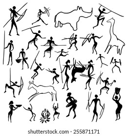 Set of vector rock paintings with scenes of hunting and life