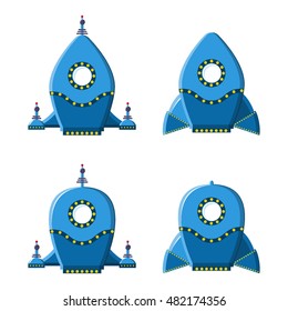 Set of the vector rockets in cartoon retro style. Blue collection spaceships. Icon and emblem design template. Vector illustration rocket ship.