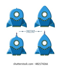 Set of the vector rockets in cartoon vintage style. Blue collection spaceships. Icon and emblem design template. Vector illustration rocket ship.