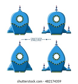 Set of the vector rockets in cartoon vintage style. Blue collection spaceships. Icon and emblem design template. Vector illustration rocket ship.
