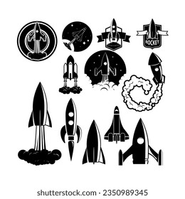 Set of the vector rockets labels. Spaceships silhouettes collection. Label and emblem design template. Vectordesign elements.