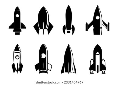 Conjunto de cohetes vectoriales. Colección de siluetas de naves espaciales. Plantilla de diseño de etiqueta y emblema. Ilustración vectorial.