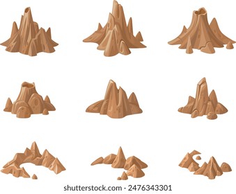 Conjunto de rocas de Vector para el mapa del juego. Juego conjunto de montañas en isométrico. Volcanes de dibujos animados e islas rocosas. Montañas y rocas aisladas sobre fondo blanco. 3D jugar rocas.  Elementos para compilar un ga