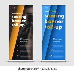 set of vector roll-up banners in black, blue and yellow with geometric diagonal elements. Template for advertising business or sport.