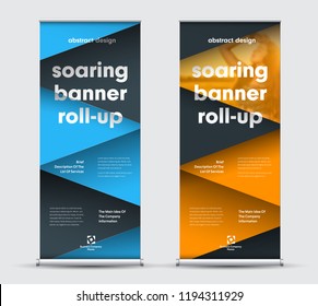 set of vector roll-up banners with intersecting black, yellow and blue triangles and a place for a photo. Modern geometric design style.