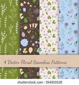 Set of vector romantic floral seamless patterns. Vintage background with spring botanical stylized decor: flowers, leaves and branches. This collection perfect for fabric textile or decorative paper