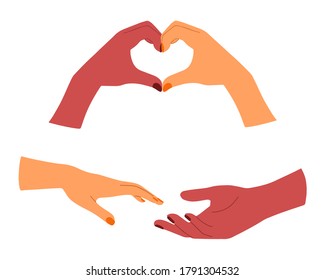 Set of vector romantic hands, dating, wedding, husband and wife, love couple holding hands. Modern love story illustrations