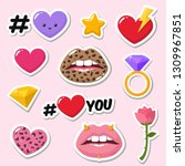 Set of vector romantic icon of love stickers. Stickers in the form: Lips are textured under the leopard, heart, rose, diamond, star, lips, ring 