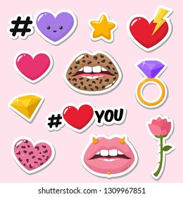 Set vector romantic icon love stickers  Stickers in the form: Lips are textured under the leopard  heart  rose  diamond  star  lips  ring   text: I Love You  Illustration love stickers in f