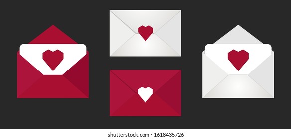 Set of vector romantic icons red and white envelopes. In these envelopes are postcards with hearts. Love letters collection