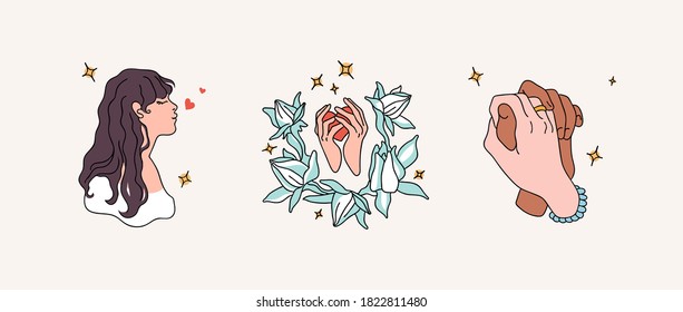 Conjunto de ilustraciones románticas vectoriales. Beso, amor, manos. Se puede usar para tarjetas de felicitación para el Día de San Valentín, 14 de febrero.