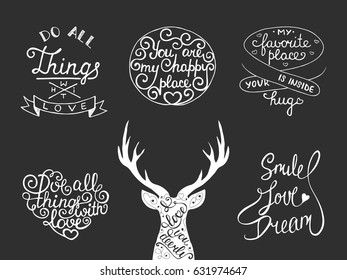 Set of vector romantic, inspirational and motivational lettering for greeting cards, decoration, prints and posters. Hand drawn typography design elements. Handwritten lettering. Modern calligraphy.
