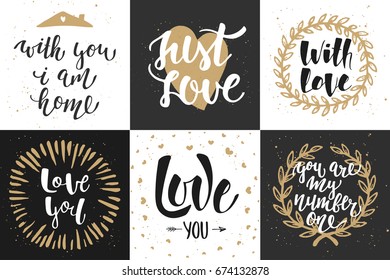 Set of vector romantic lettering posters, greeting cards, decoration, prints. Hand drawn typography design elements. Handwritten lettering. Modern ink brush calligraphy.