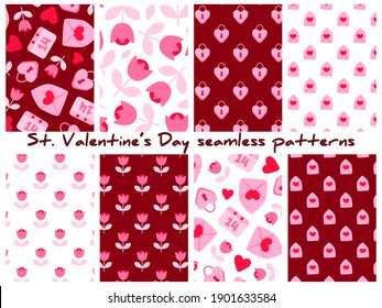 Set of vector romantic patterns; cute backgrounds for wrapping paper, fabric, packaging, textile.