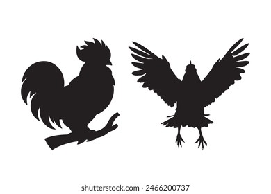 Set of vector rooster and chicken black silhouettes isolated on white background. Domestic animals hen vector illustration. hen art work.